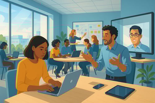 The image depicts a vibrant modern office space filled with diverse professionals engaged in various activities In the foreground a woman is seated at a sleek minimalist desk intently focused on her laptop with a digital tablet beside her Beside her-1