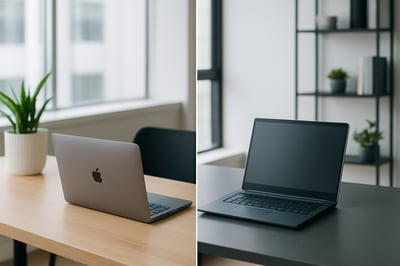 a clean side by side showing a mac laptop and on the right a windows laptop both on different desks in a modern office without text no text no people