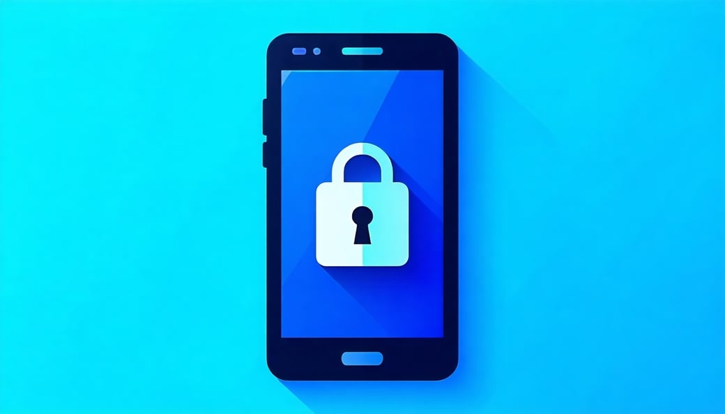a vector image with blue colors showing a mobile phone with a lock on the screen