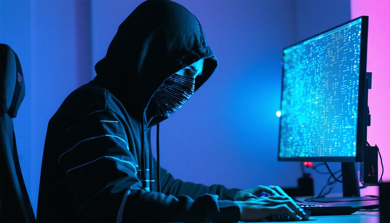 A masked figure at a computer, symbolizing a threa