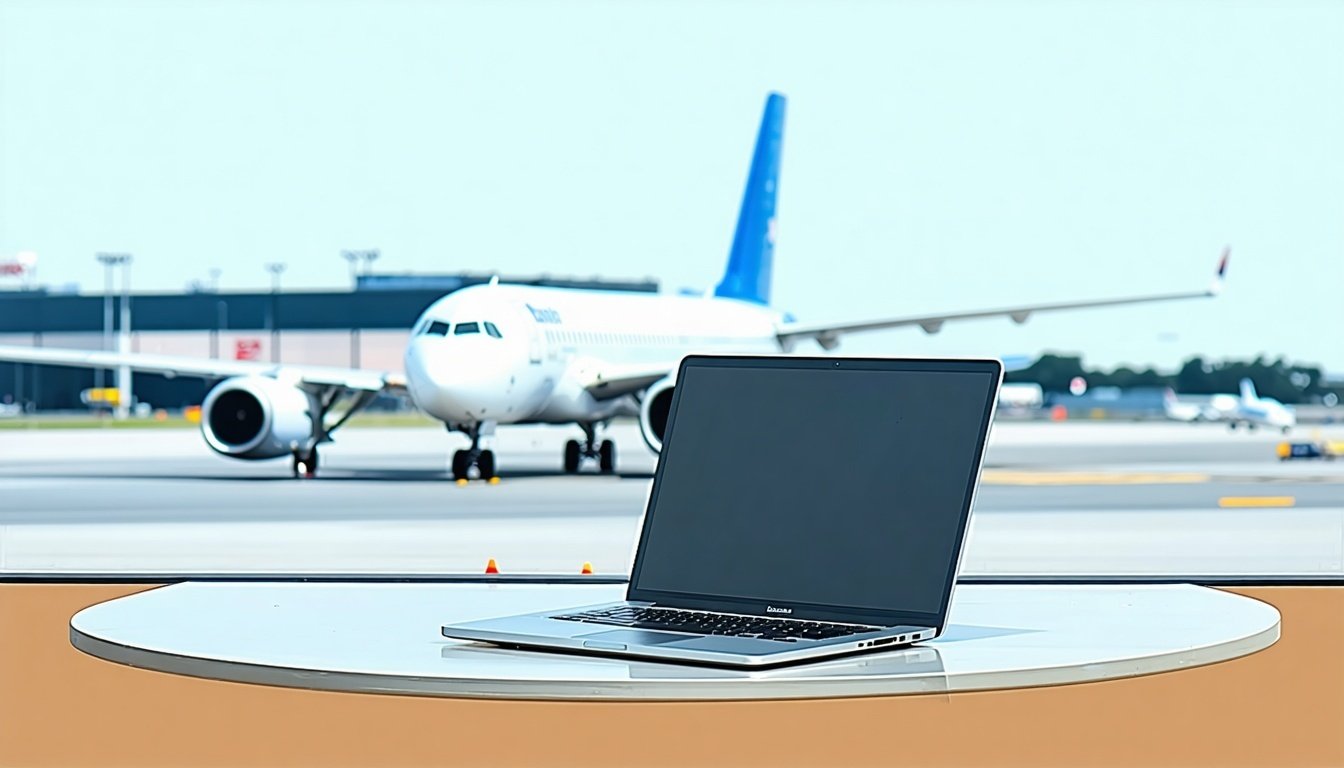 a simple vector image of a laptop in an airport on