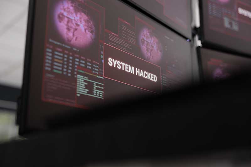 A computer screen displaying “System Hacked” alerting a cybersecurity breach.