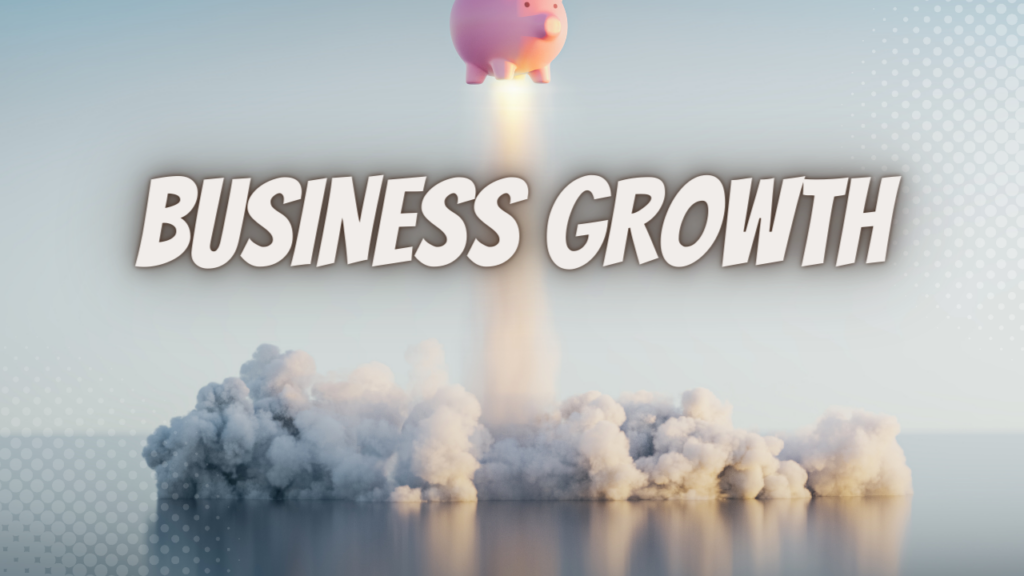 A pink piggy bank launching like a rocket with smoke and fire, symbolizing “Business Growth.”