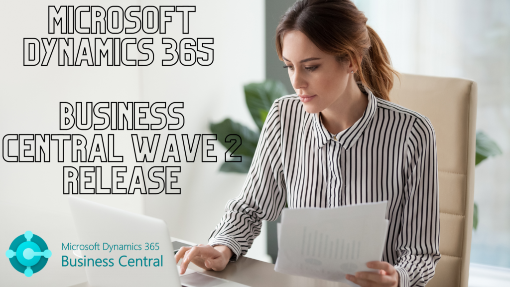 Woman in striped shirt working on laptop, highlighting Microsoft Dynamics 365 Business Central Wave 2 release.