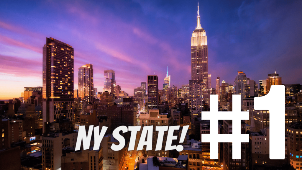 New York City skyline at dusk with “NY State” and “#1” text overlay, emphasizing New York State’s leadership in organizational improvement.