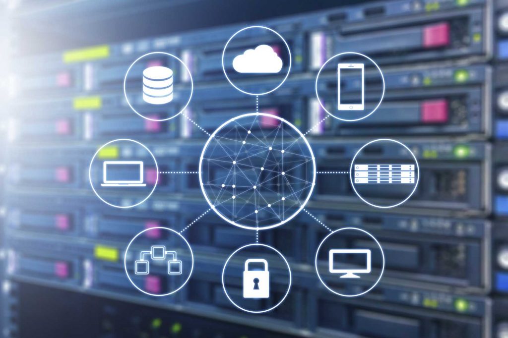 9. Data center with icons representing different network components.